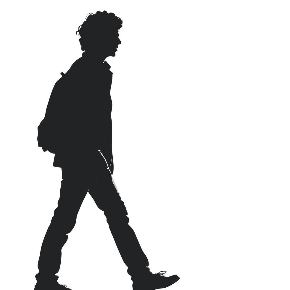 Silhouette Of A Young Man Walking With Backpack On White Background vector