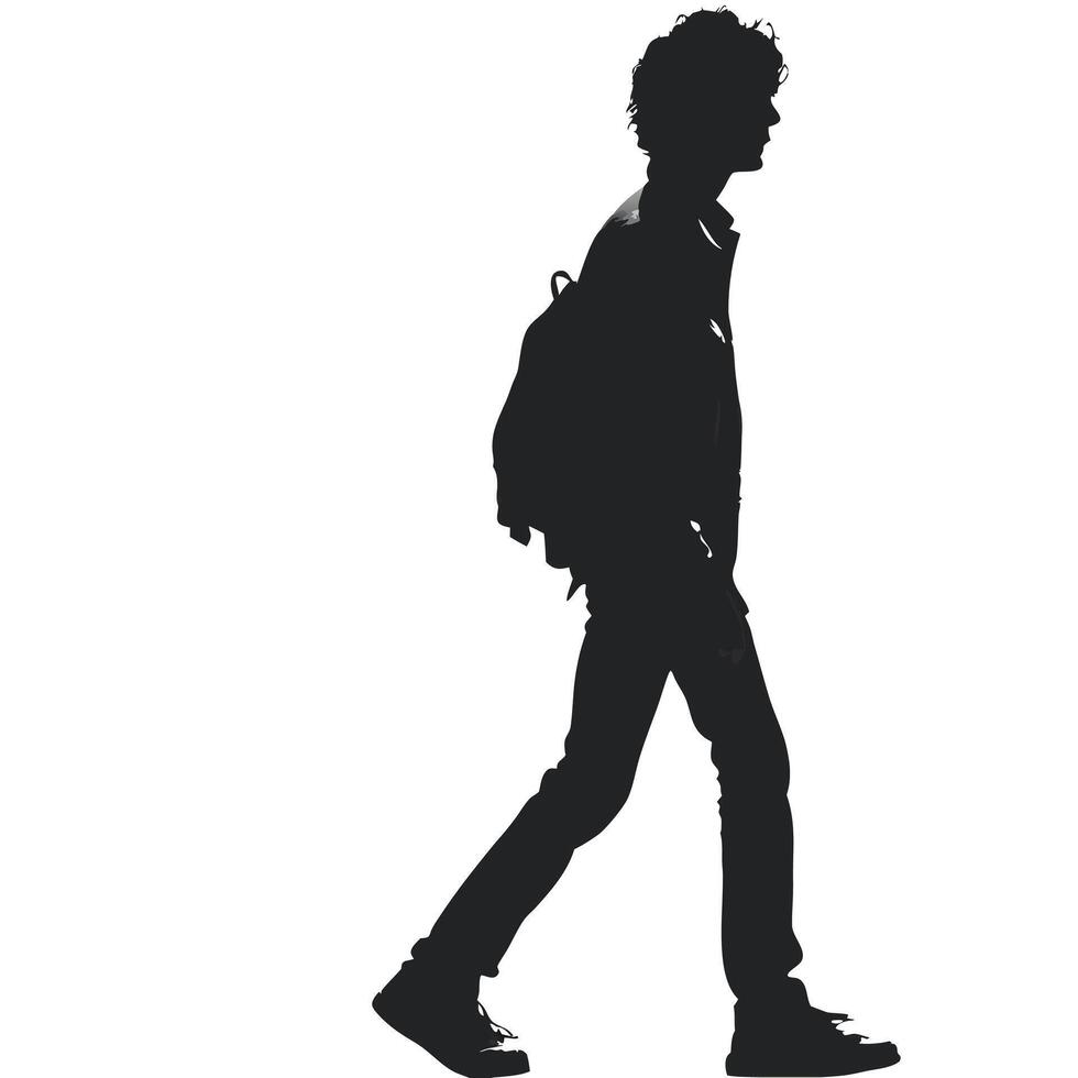 Silhouette Of Young Man Walking With Backpack Stylish Dark Illustration vector