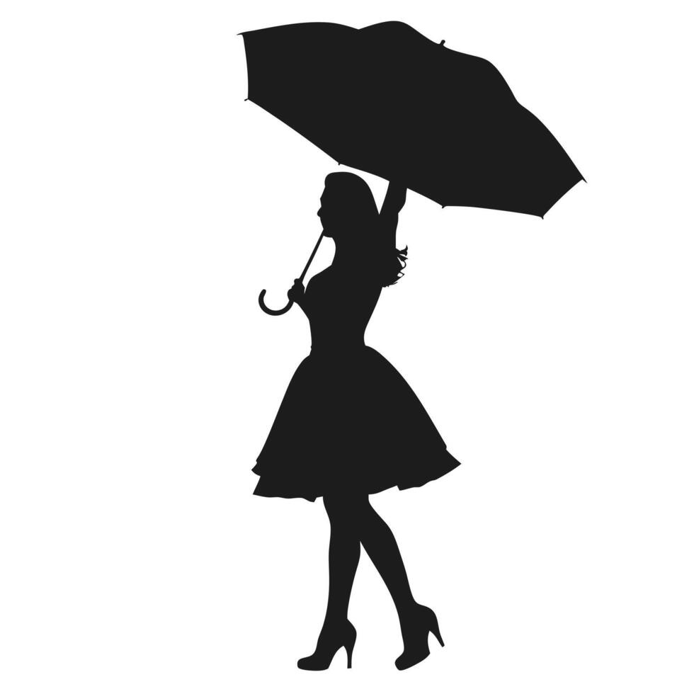 Silhouette Of Elegant Woman Walking With Umbrella In Black And White Style vector