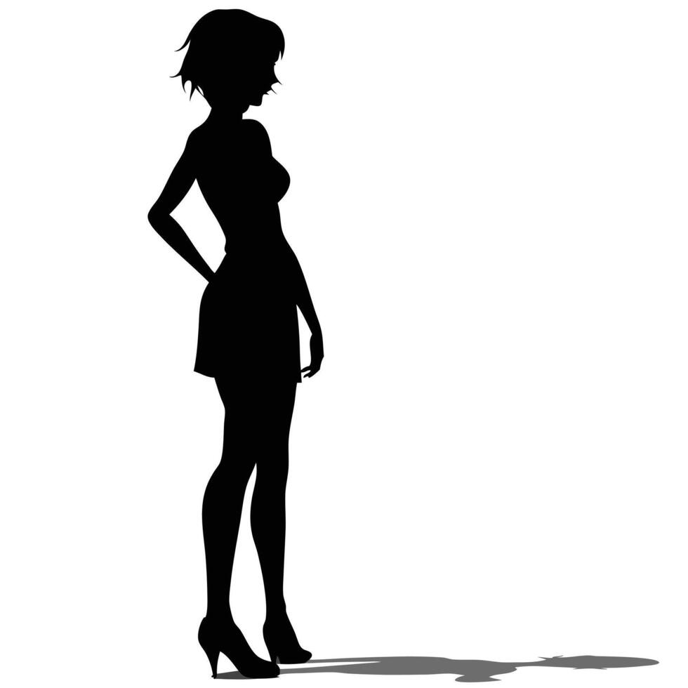 Elegant Woman Silhouette In Short Dress And Heels With Shadow On Isolated Background vector