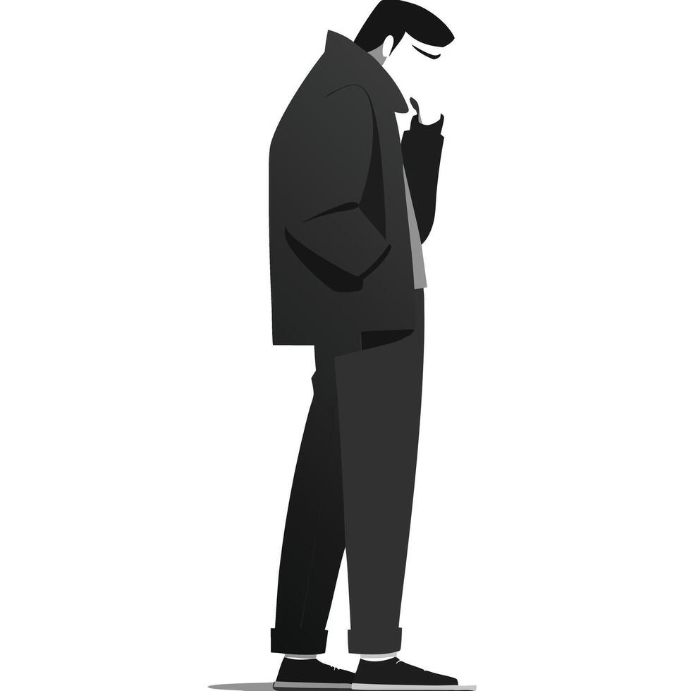 Illustrated Man In Coat With Hand On Chin Contemplative Mood In Grayscale vector