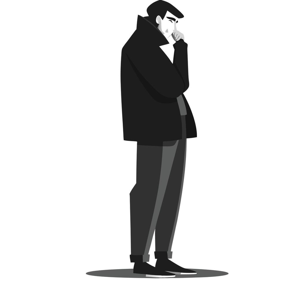 Illustration Of A Thoughtful Man In Coat Standing On White Background vector