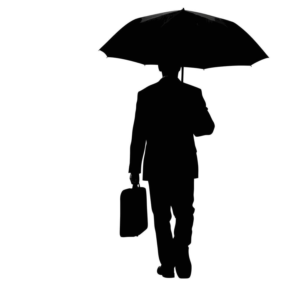 Businessman Silhouette Walking With Umbrella And Briefcase On White Background vector