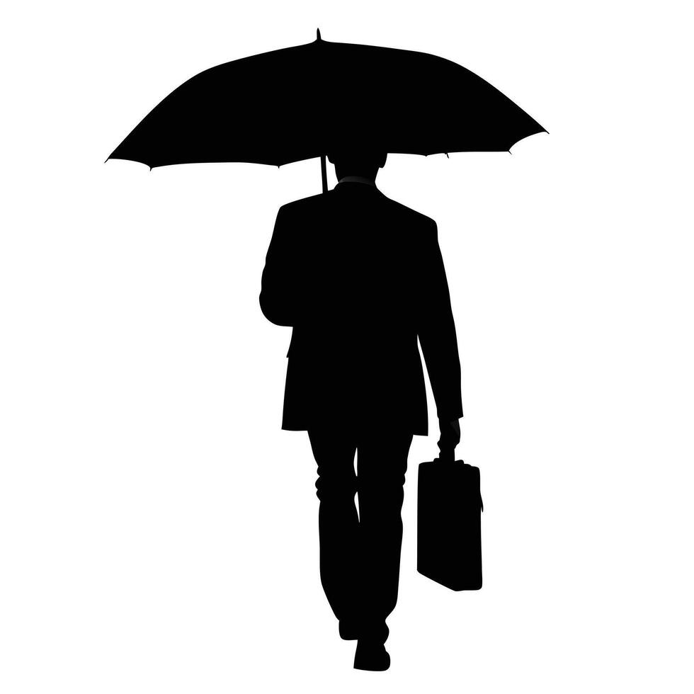 Business Executive Silhouette Walking With Umbrella And Briefcase Against White Background vector
