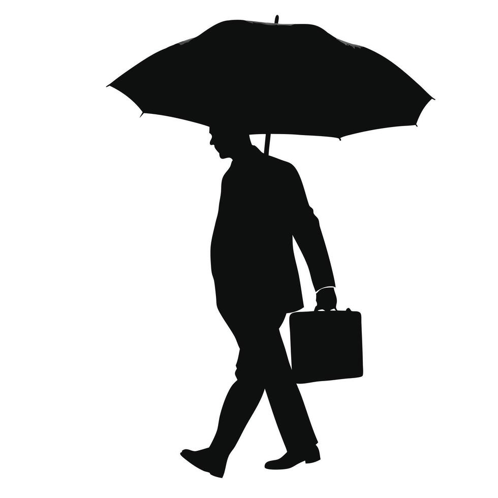 Businessman Walking Under Umbrella Silhouette With Briefcase Isolated On White Background vector
