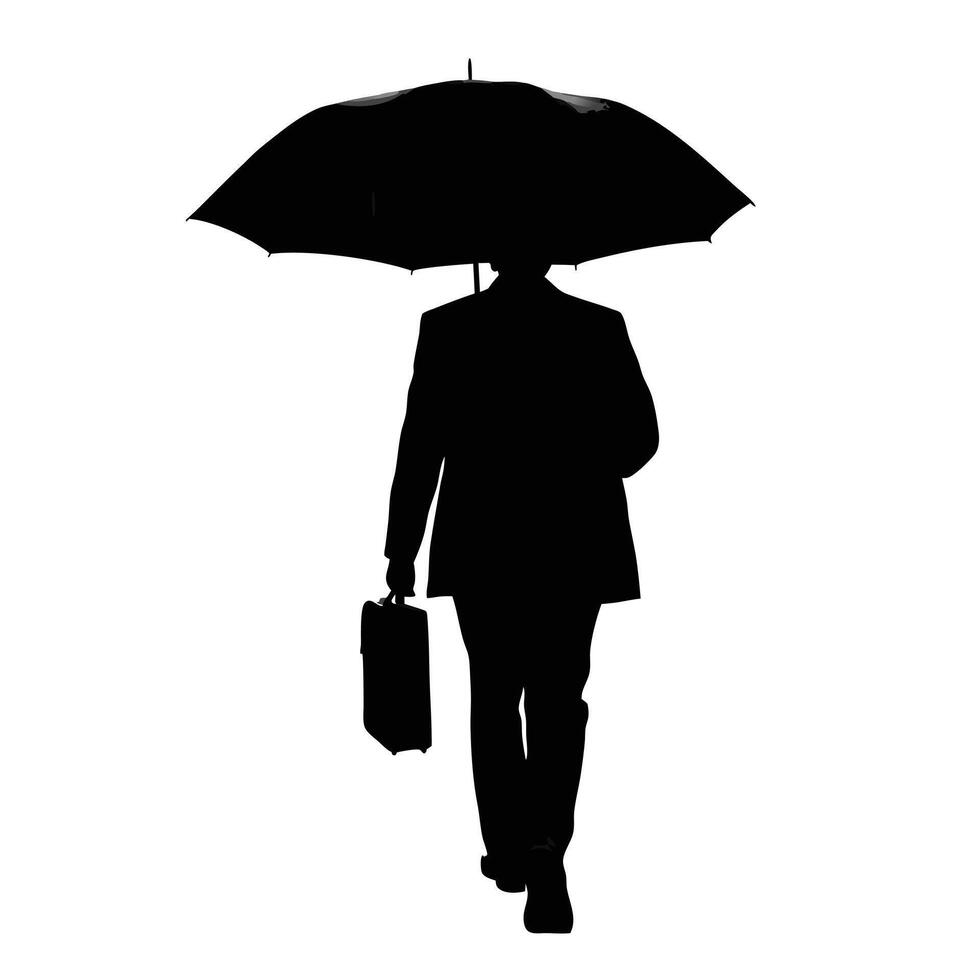 Silhouette Of Businessman Walking With Umbrella And Briefcase On White Background vector