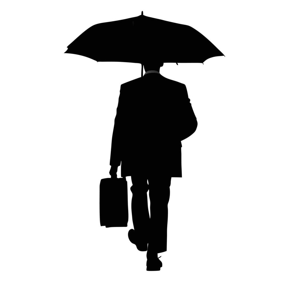 Businessman Walking With Umbrella And Briefcase Silhouette On White Background vector