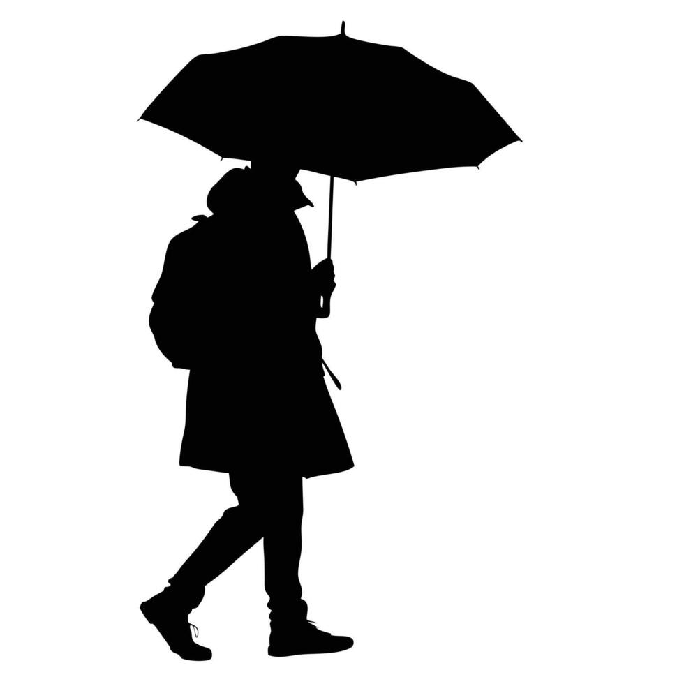 Silhouette Of Person Walking With Umbrella In Black And White Style Design vector