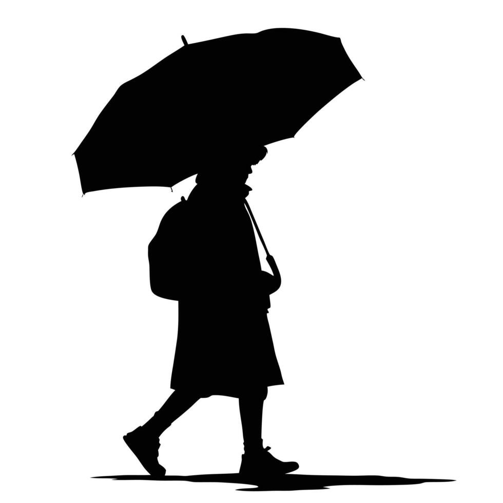 Black Silhouette Of A Person Walking With An Umbrella During Rainy Weather vector