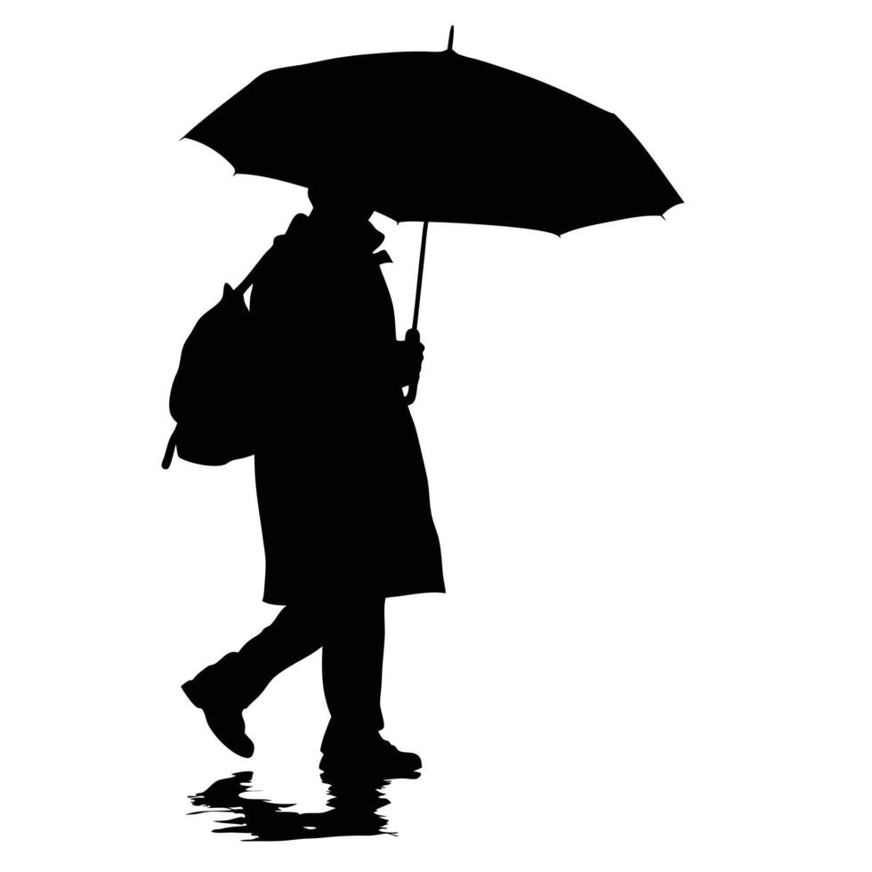 Silhouette Of Person Walking Under Umbrella With Backpack In The Rain vector