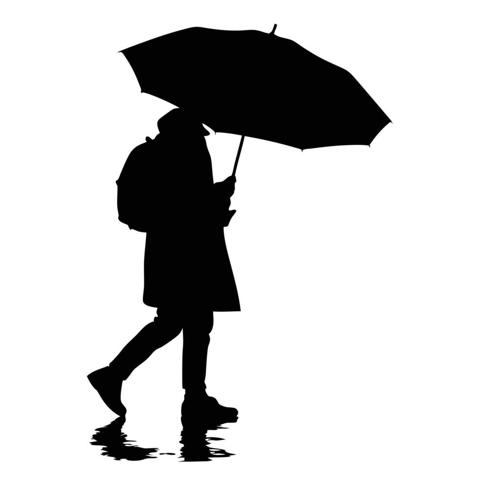 Silhouette Of Person Walking With Umbrella In Rain Minimalist Black And White vector