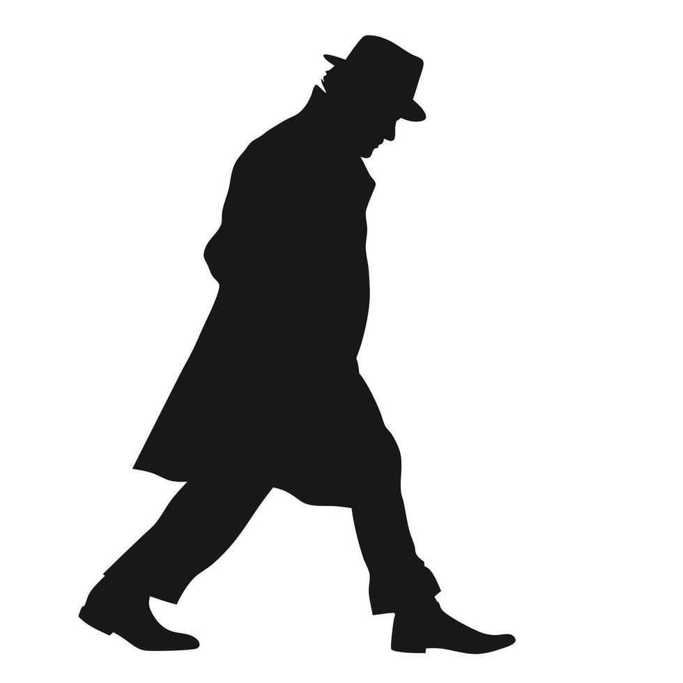 Silhouette Of A Man Walking In A Fedora Hat And Overcoat vector