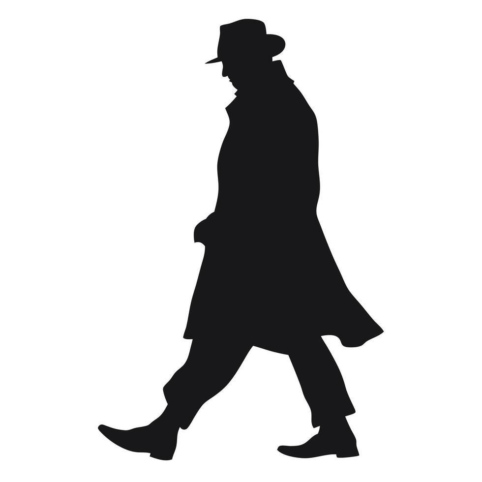 Silhouette Of A Man Walking Wearing A Hat And Coat In Style vector