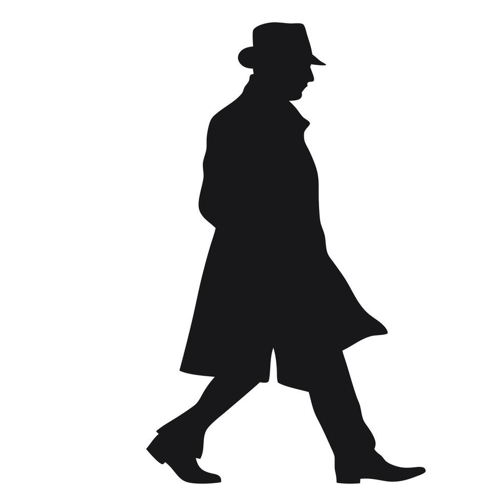 Silhouette Of A Walking Man Wearing A Hat And Coat Illustration vector