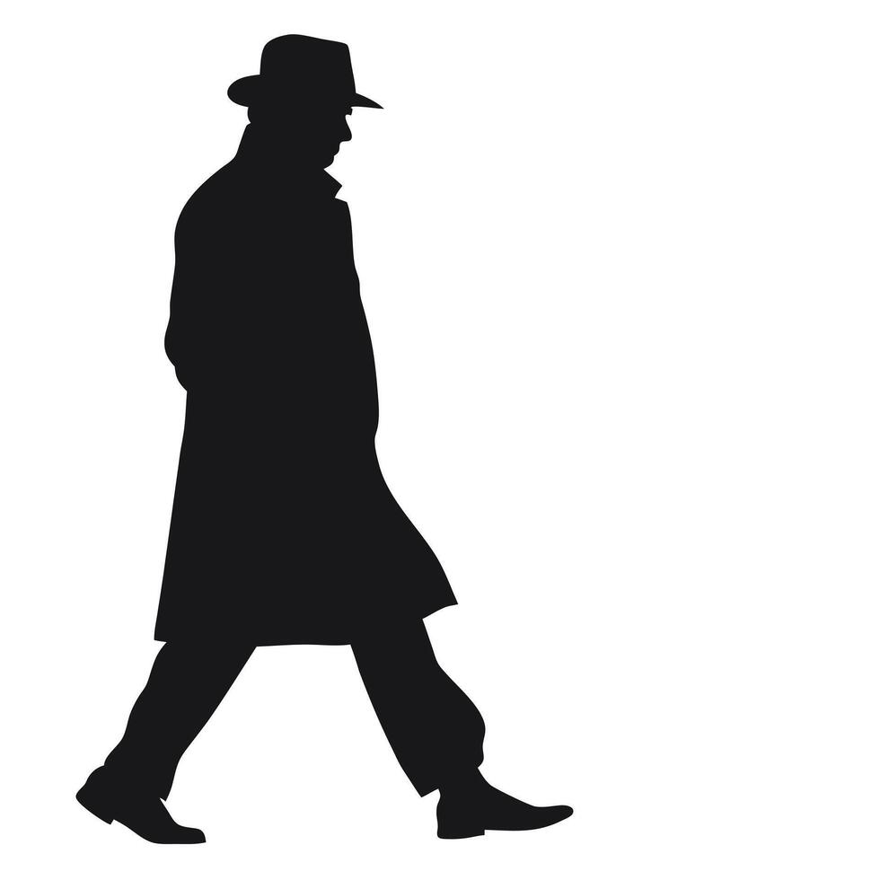 Silhouette Of A Man Walking With Hat And Overcoat On White Background vector