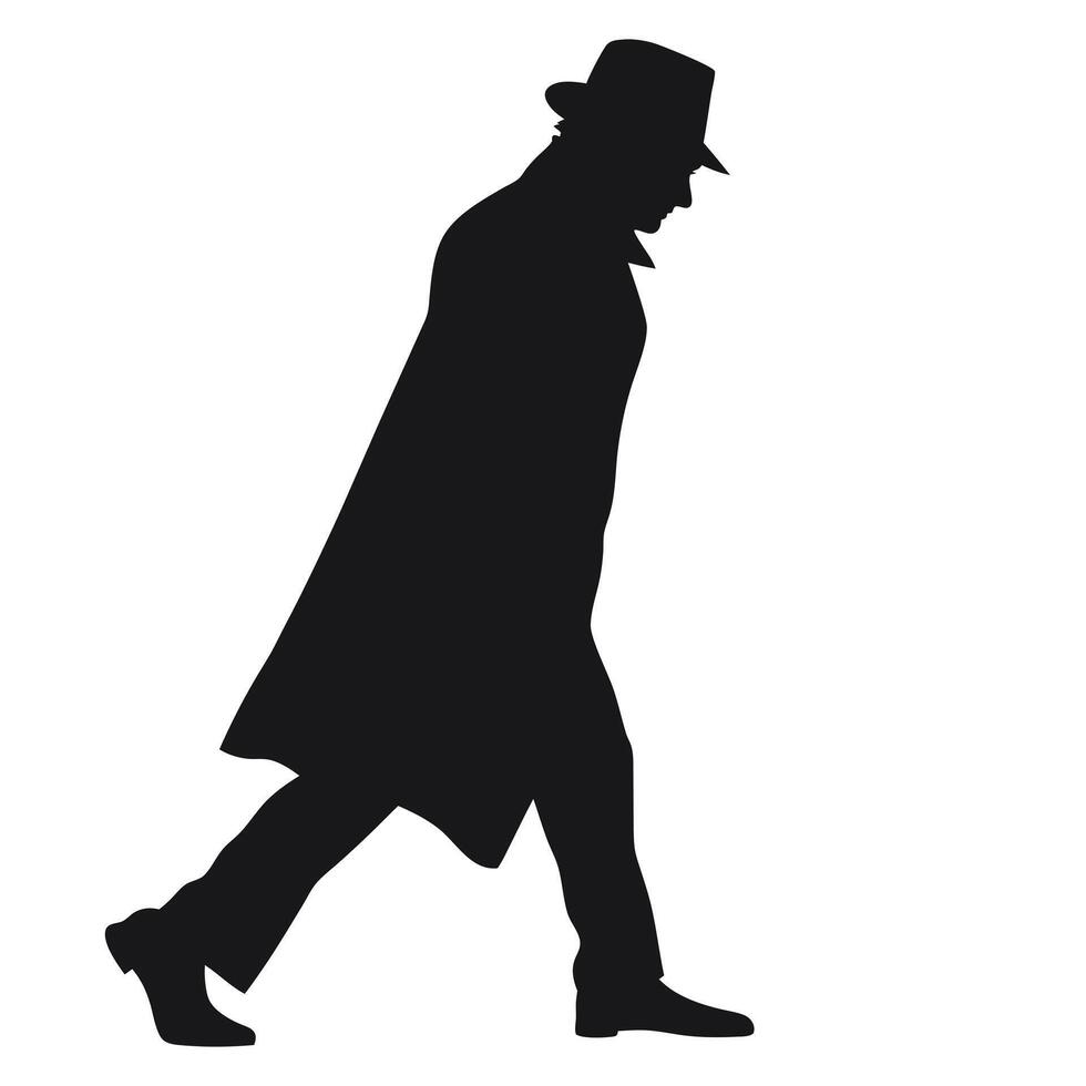 Silhouette Of Elegant Man Walking In Overcoat And Hat Illustration vector