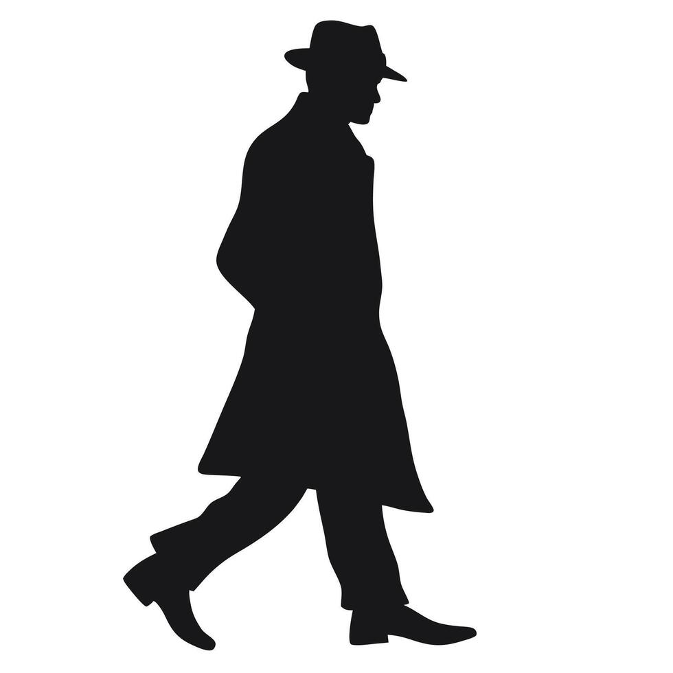 Man In Hat And Coat Walking Silhouette Illustration Isolated vector