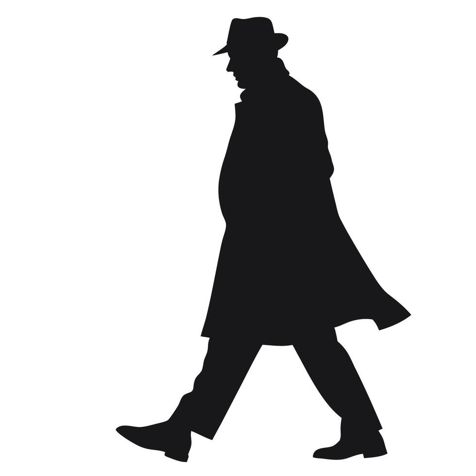 Silhouette Of Man Walking Wearing A Fedora And Trench Coat Illustration vector