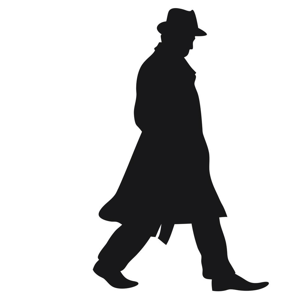 Silhouette Of A Mysterious Man Walking In A Trench Coat And Hat vector