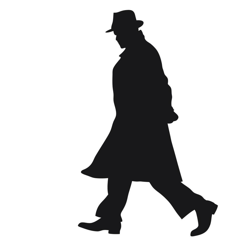Silhouette Of A Man Walking With A Hat And Trench Coat Illustration vector