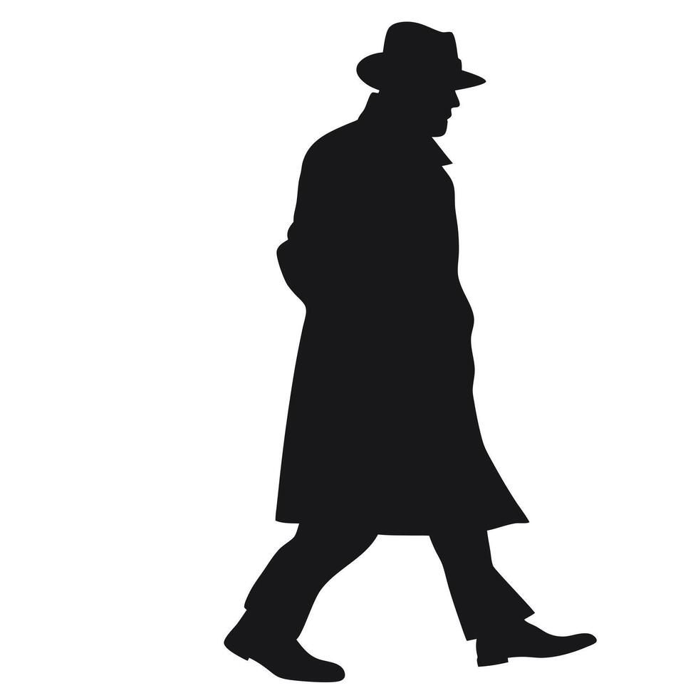 Silhouette Of A Man Walking In Coat And Hat Against White Background vector