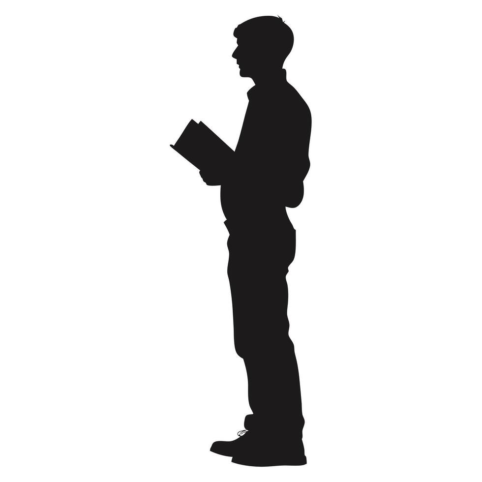 Silhouette Of Young Man Reading Book Standing In Profile On White Background vector