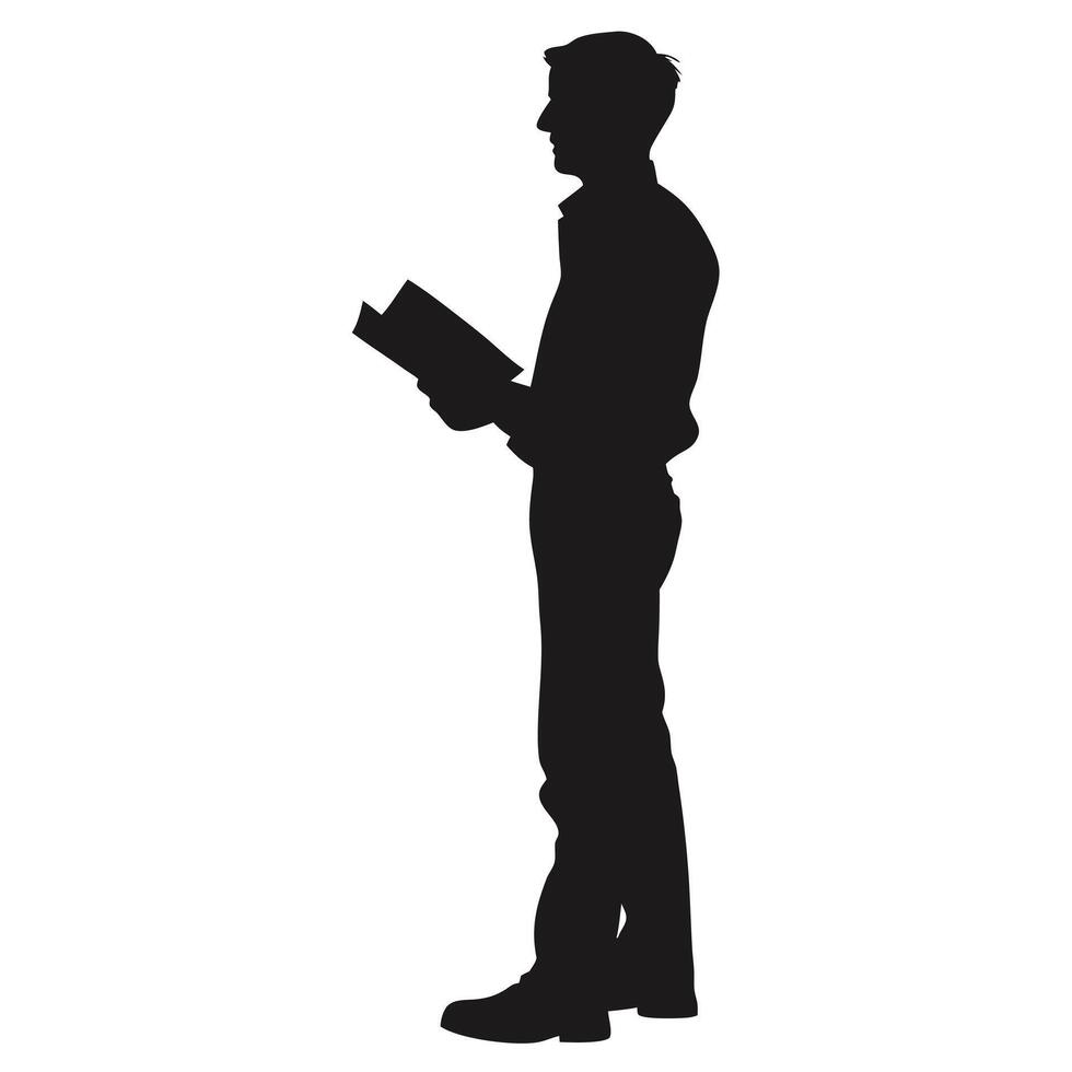 Silhouette Of A Man Reading Standing Isolated On White Background Full Length vector