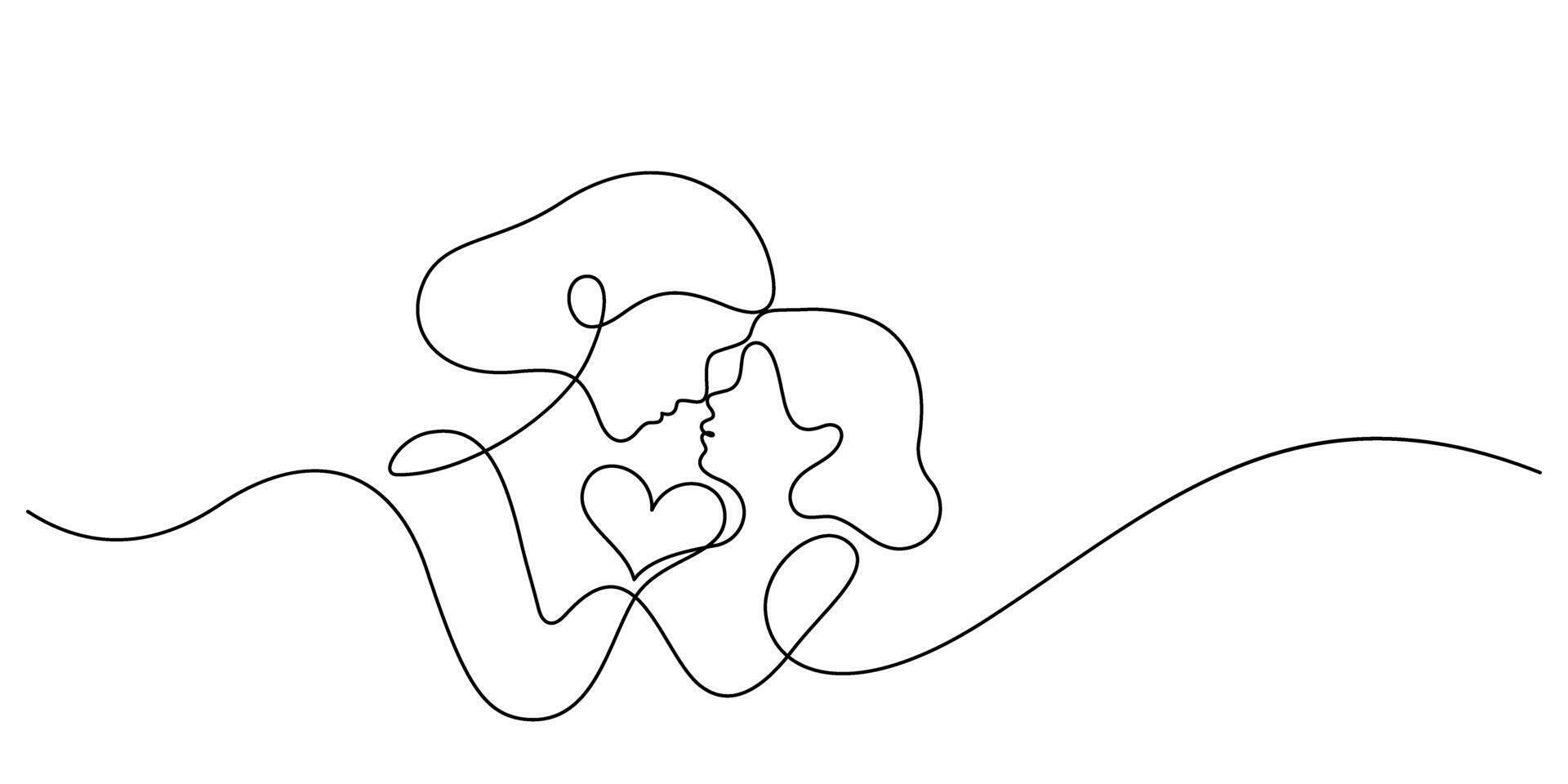 mother and daughter with heart shape one line continuous vector