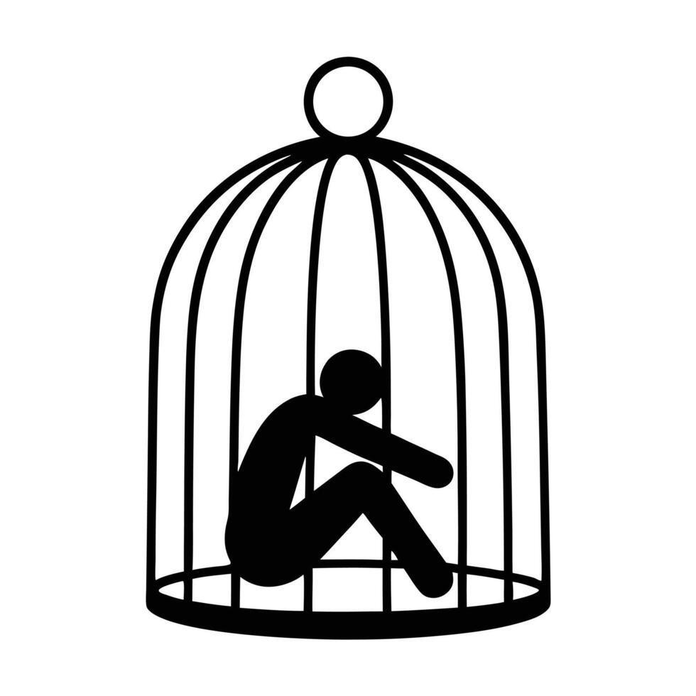Minimalist Silhouette Of Person Trapped In Birdcage Symbolizing Depression And Anxiety vector