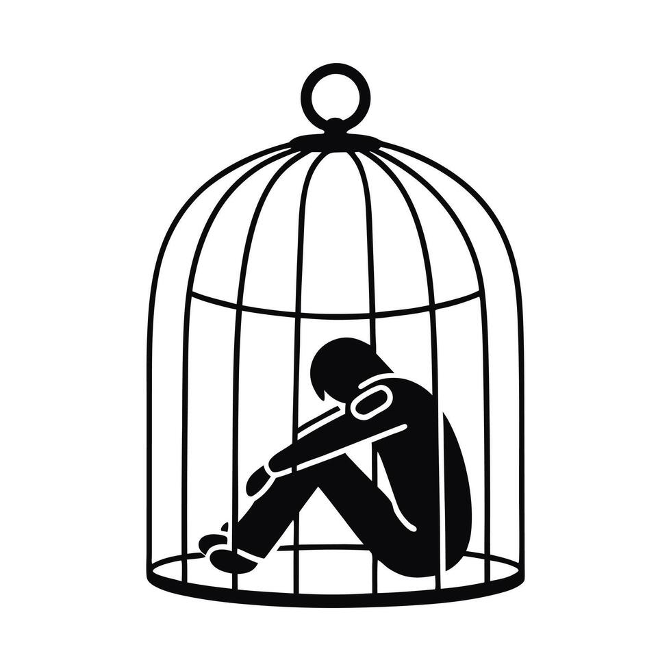 Man Trapped Inside Cage Silhouette Depression Concept Psychological Confinement Solitude Black And White vector