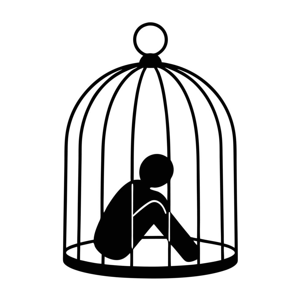 Person Trapped Inside Birdcage Represents Isolation And Psychological Confinement Depression Symbol vector