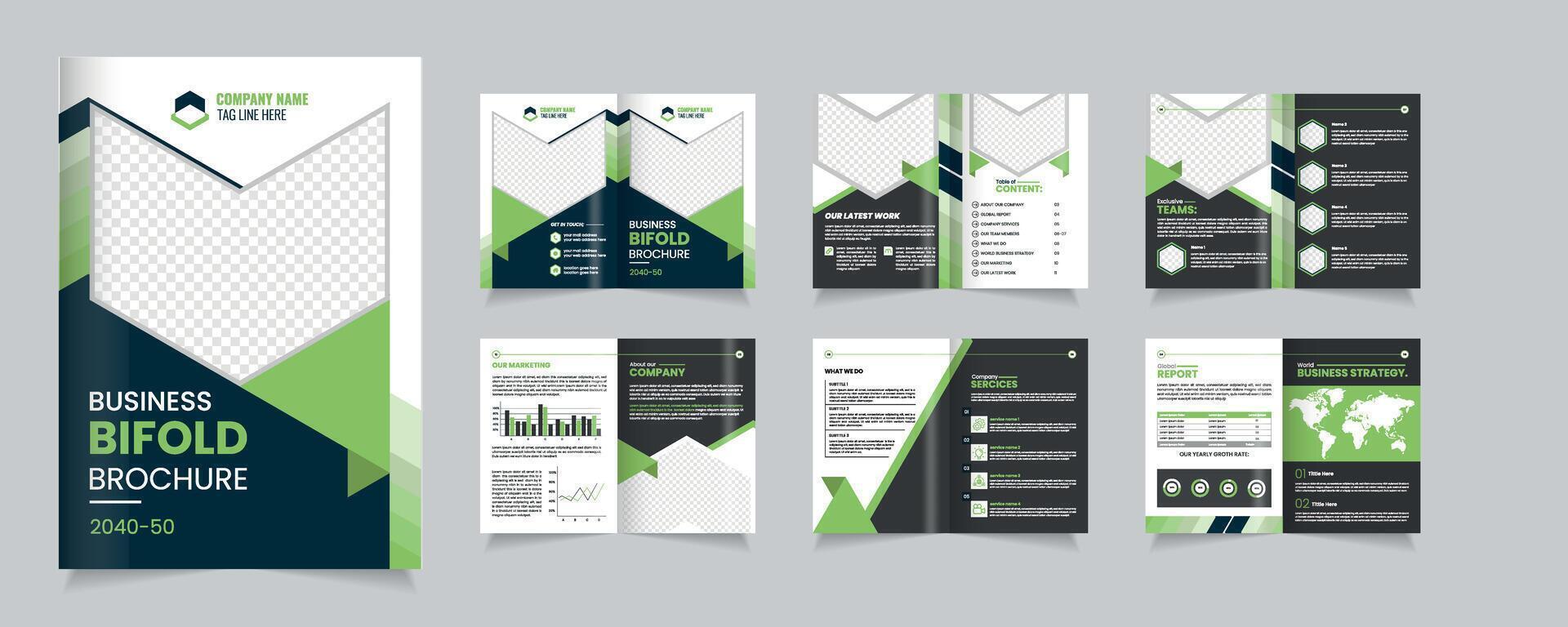 Bifold Brochure Design Showcasing Business Themes With Graphs and Text SectionsBusiness brochure design, vector