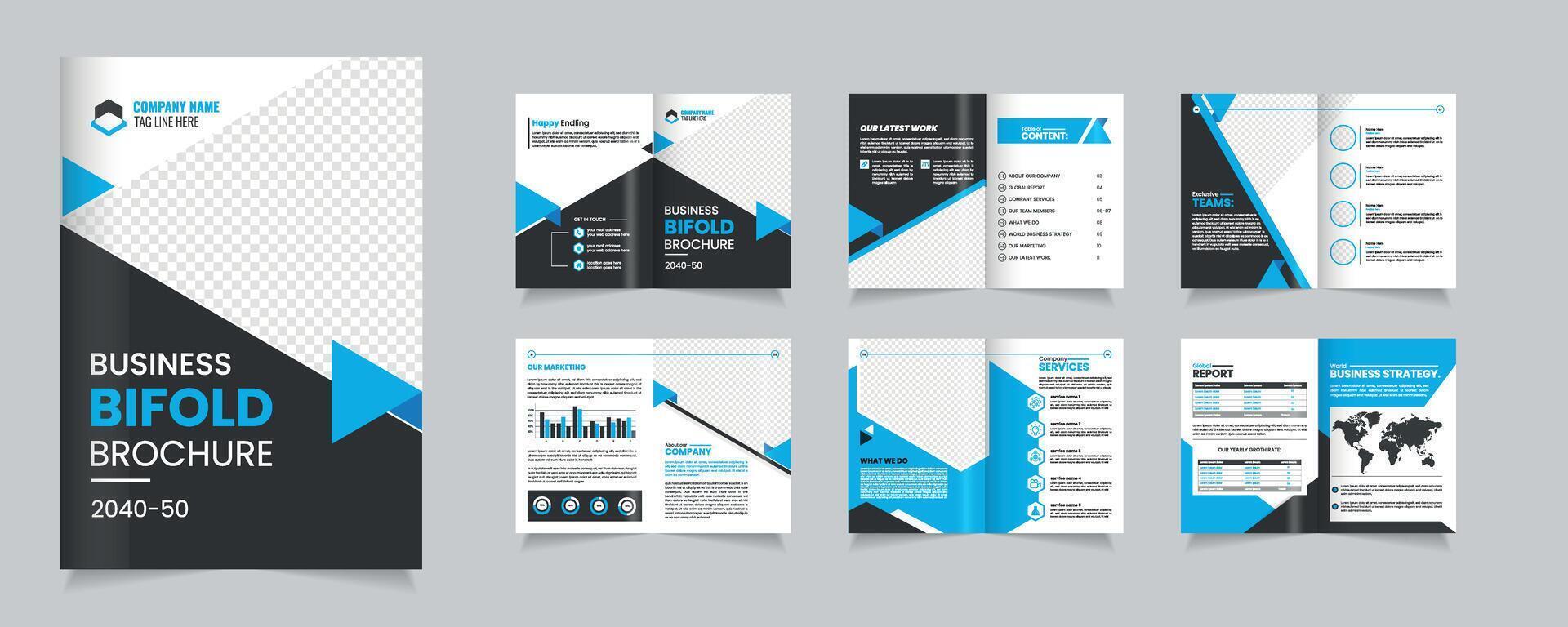 Modern Bifold Brochure Design Showcasing Multiple Layout Options With Vibrant Colors and Graphics vector