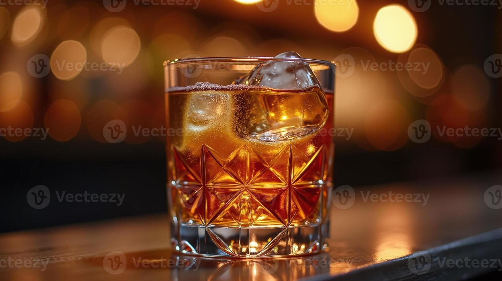 Alcohol glass with ice against bokeh background. photo