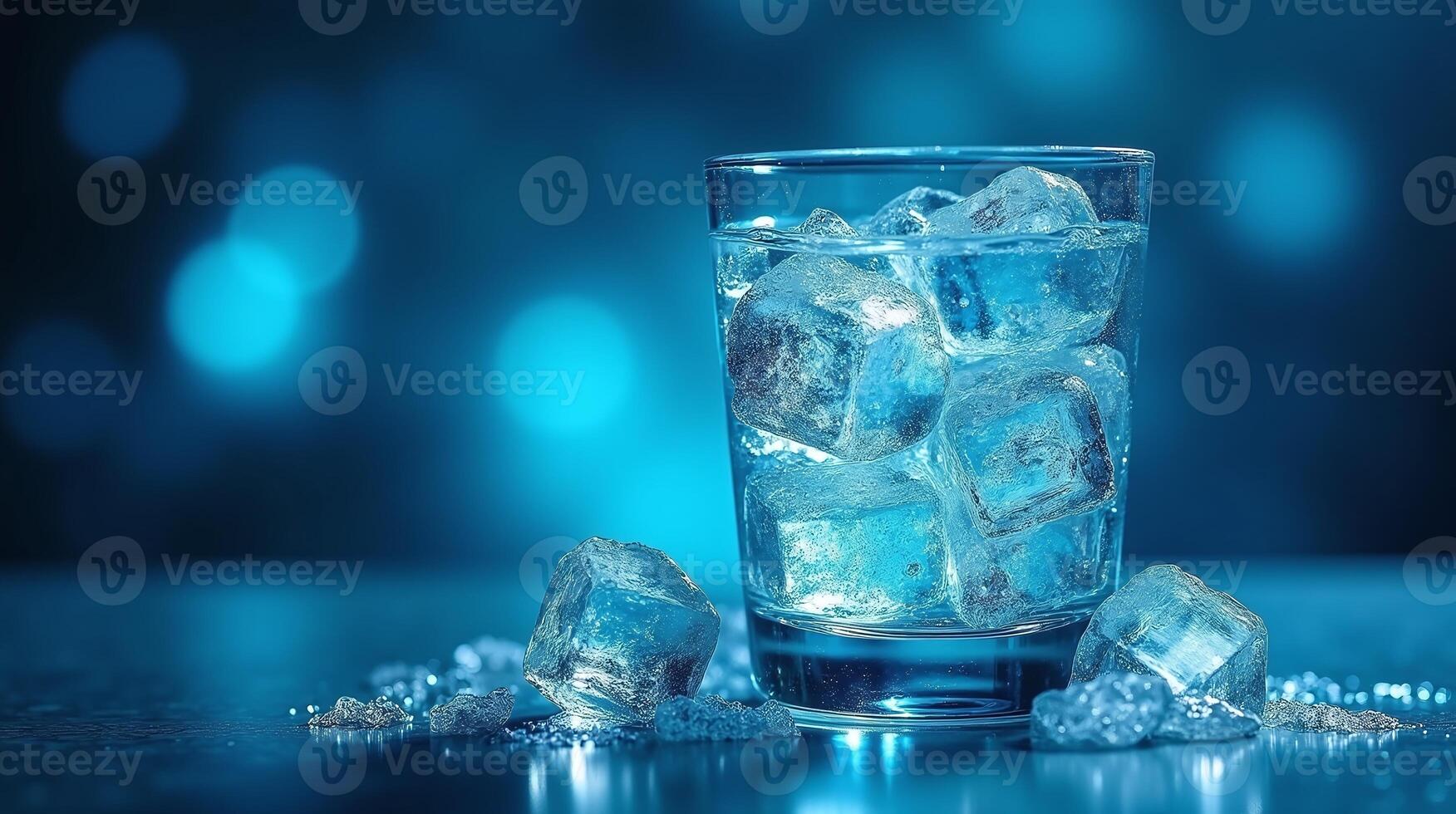The image depicts a glass filled with water and ice cubes against a blurred, illuminated blue background. photo