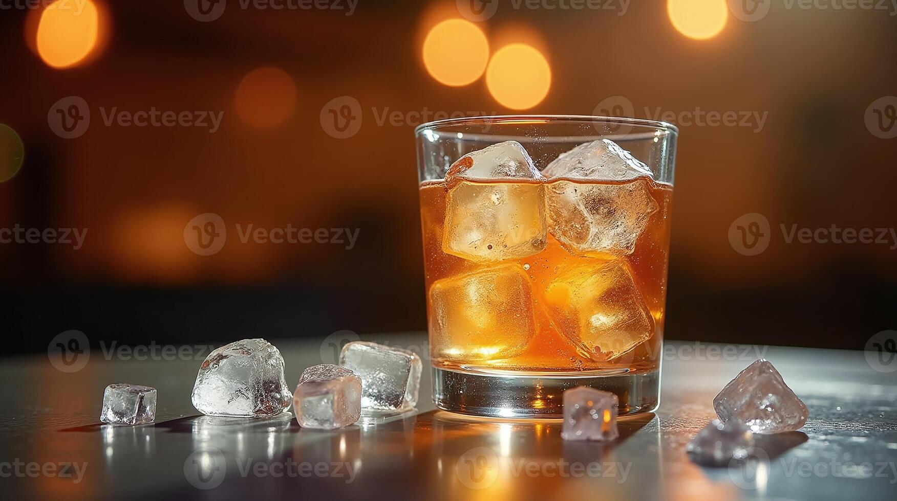 A glass of amber liquid with ice cubes, set against a blurred bokeh background. photo