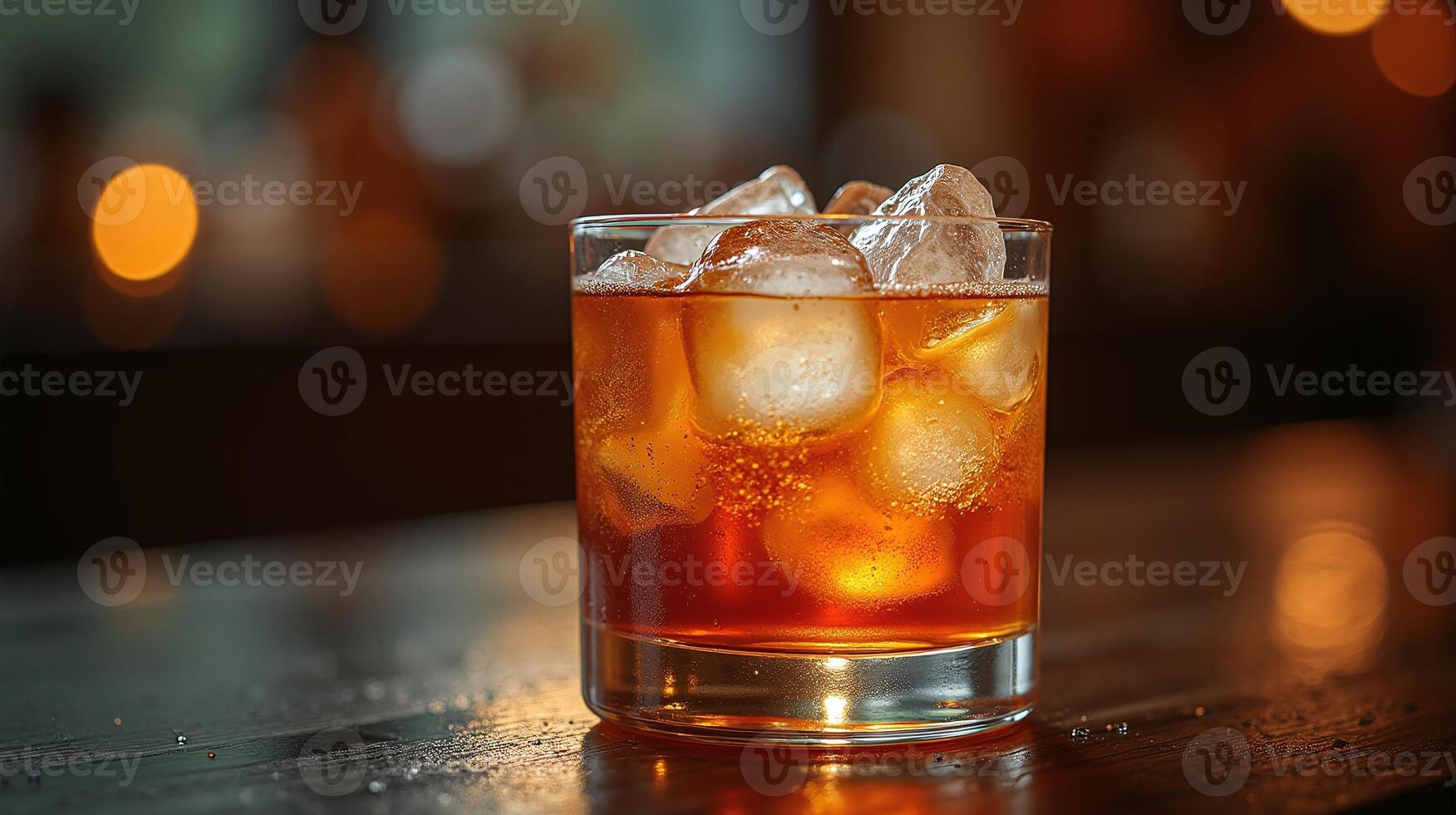 A glass brimming with amber liquid, ice cubes, and bubbles, set against a blurred backdrop. photo