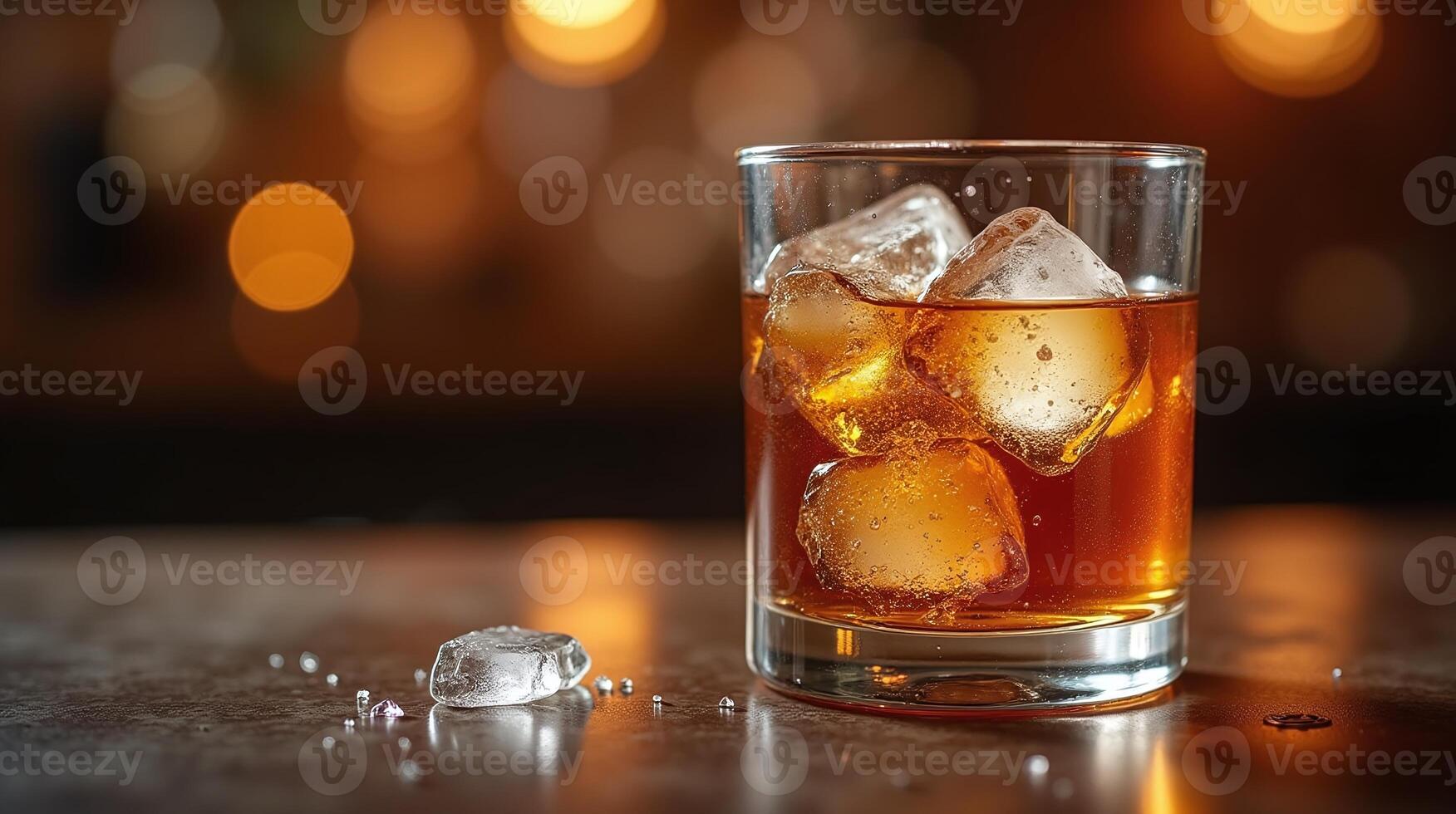 A glass of amber beverage, filled with ice cubes and accompanied by blurry background lights. photo