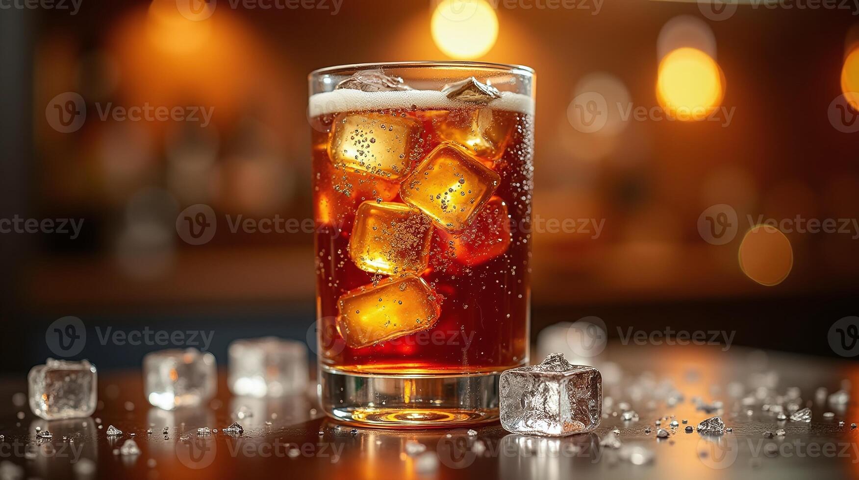 A glass filled with refreshing cola, ice cubes, and bubbles. photo