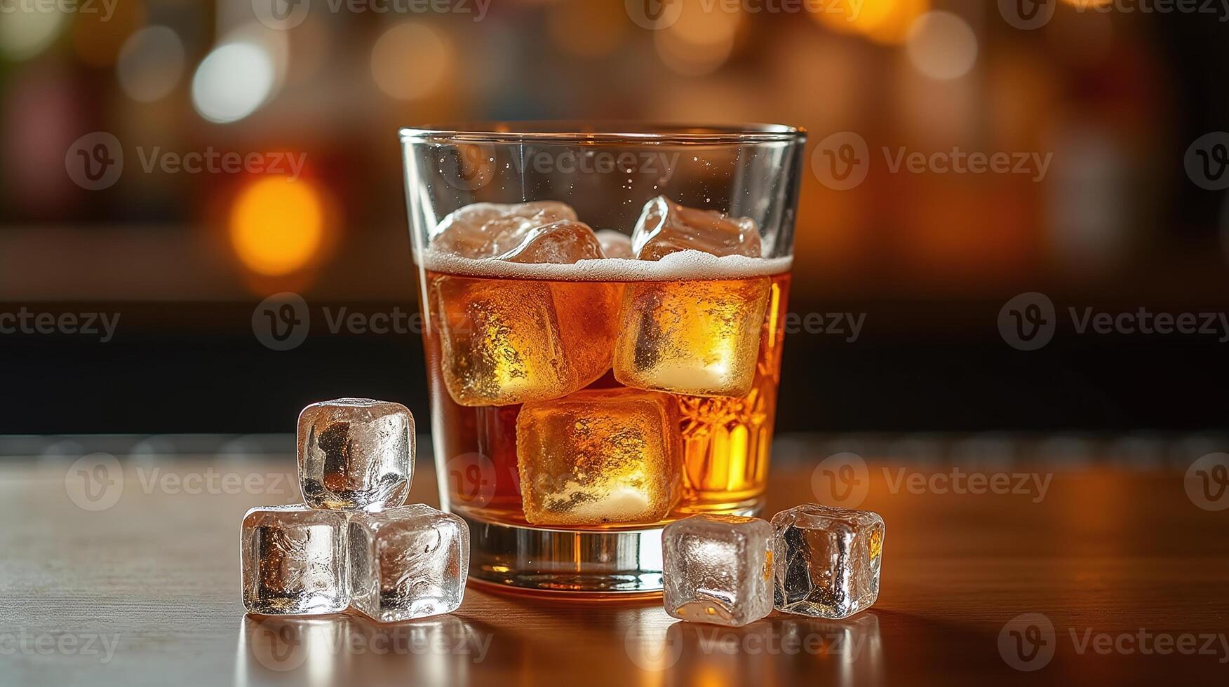 A glass of amber liquid adorned with ice. photo