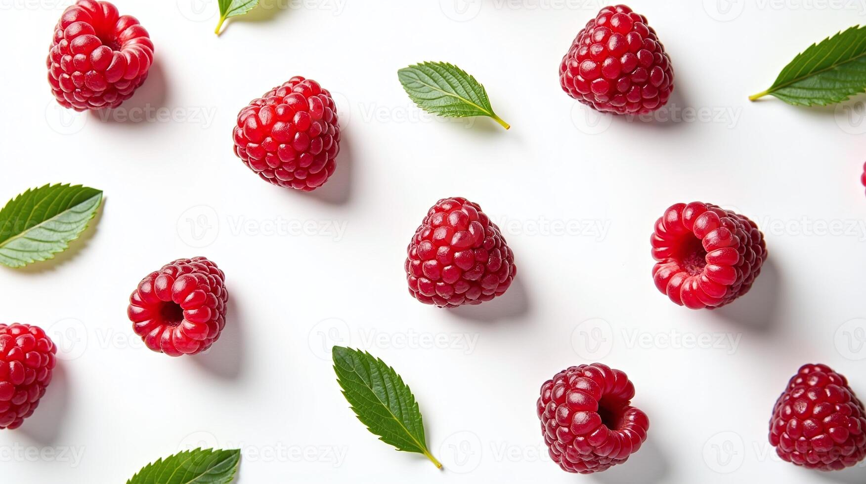 Ripe raspberries neatly arranged on a white surface, adorned with fresh green leaves. photo