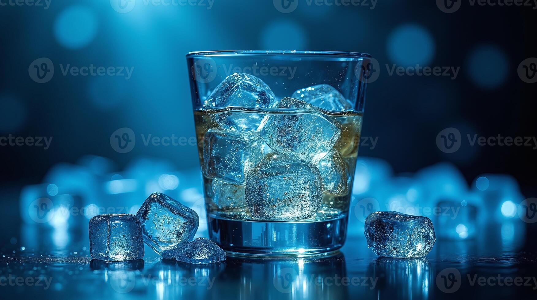 A glass of whiskey with ice cubes, set against a blue background with scattered ice cubes. photo