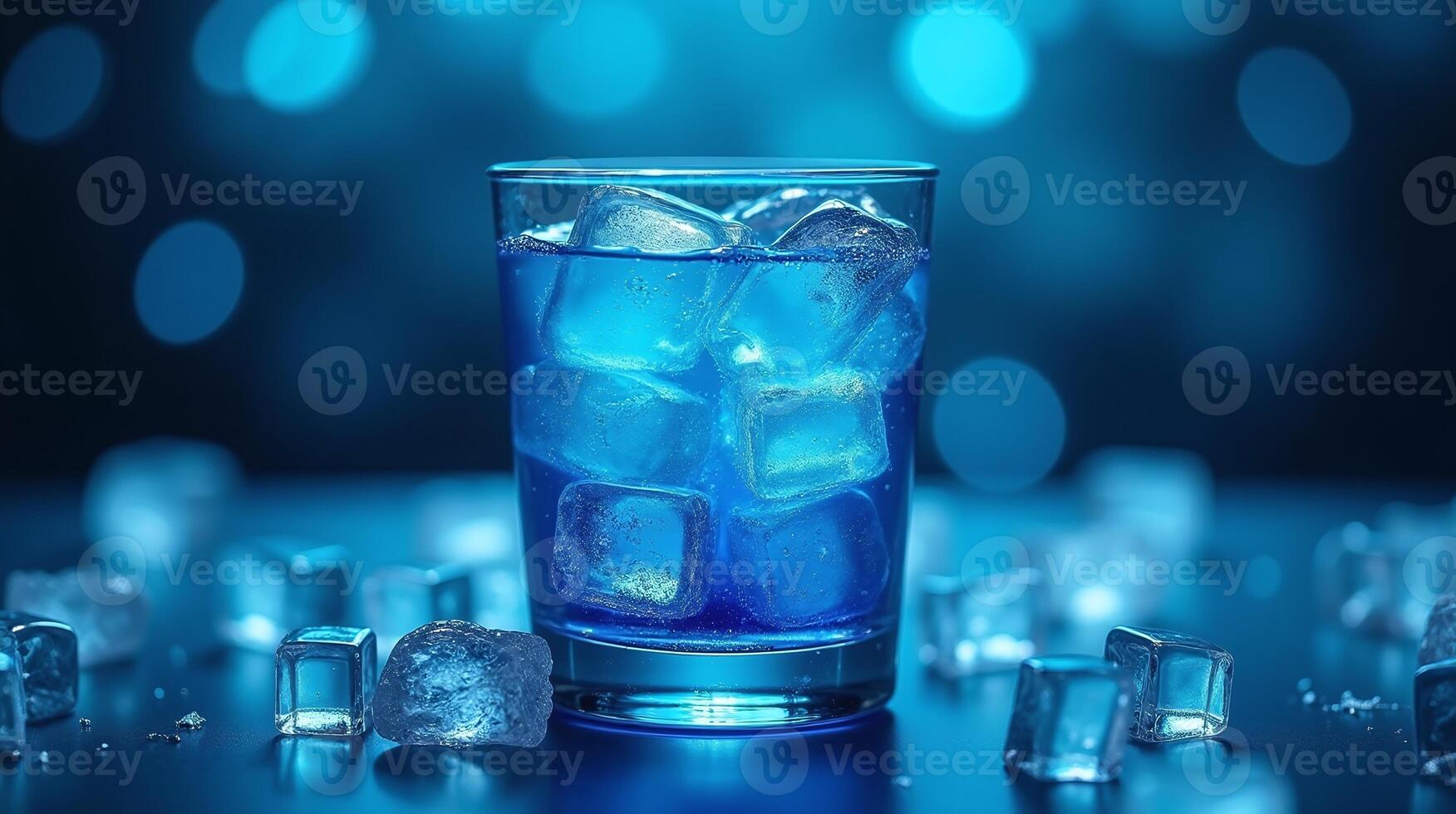 A glass filled with ice cubes, illuminated by blue lighting. photo