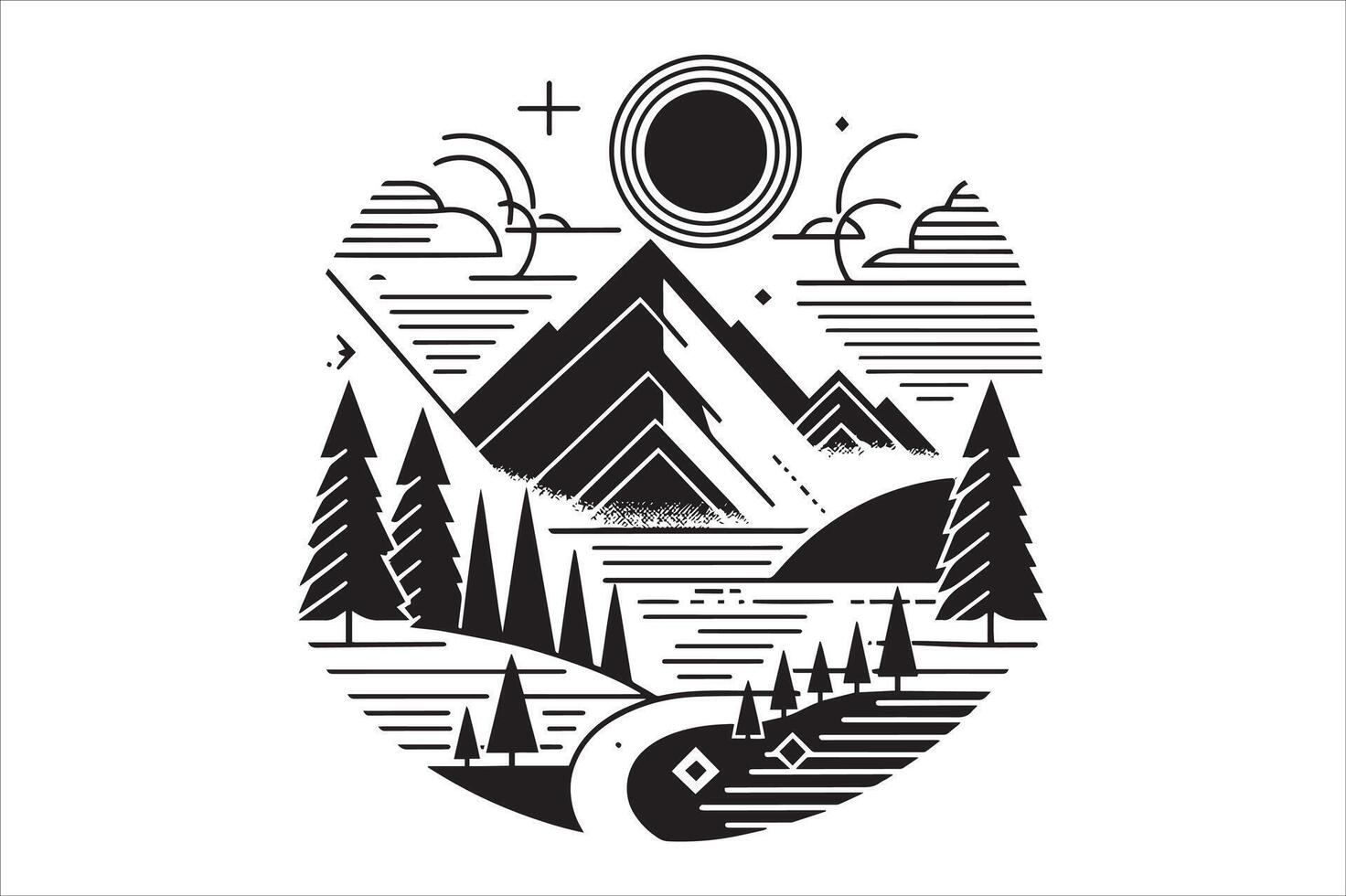 Artistic Mountain View Line Drawing vector