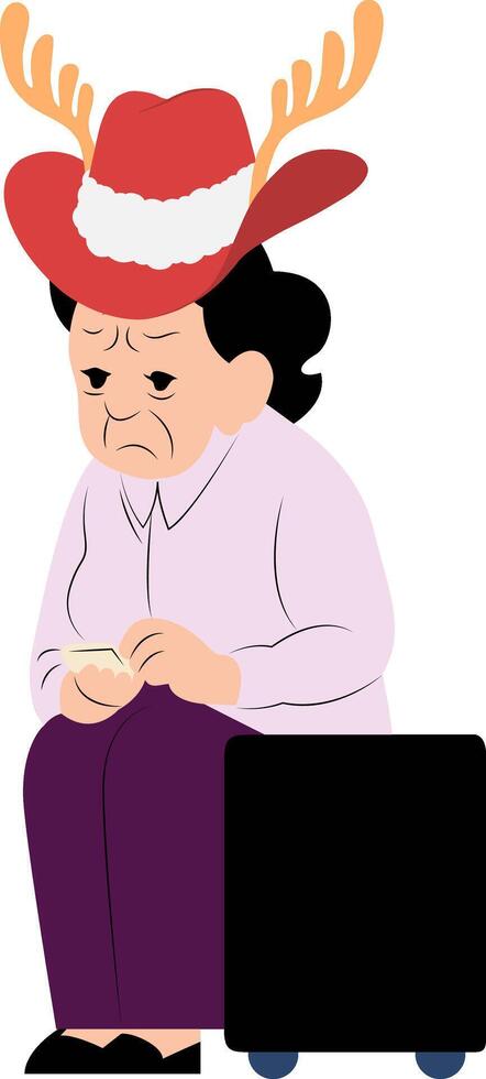 An old woman wearing a deer antlers hat is sitting on a suitcase vector