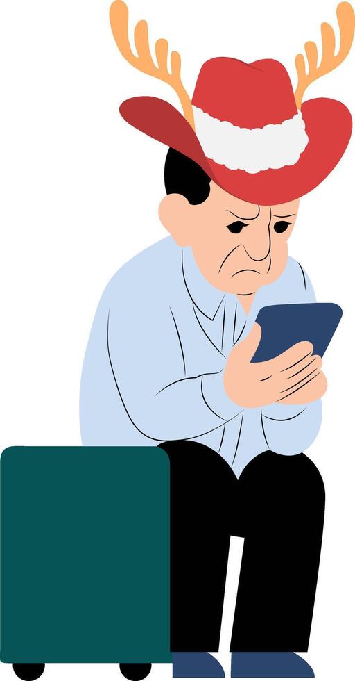 A man wearing a santa hat is looking at his phone vector