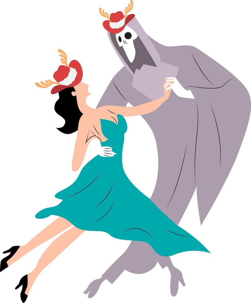 A woman in a dress and a skeleton are dancing vector