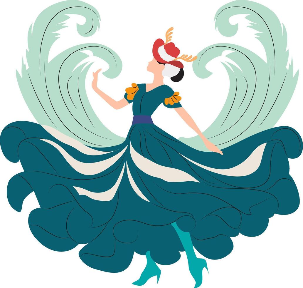 A woman in a blue dress with wings and a hat vector