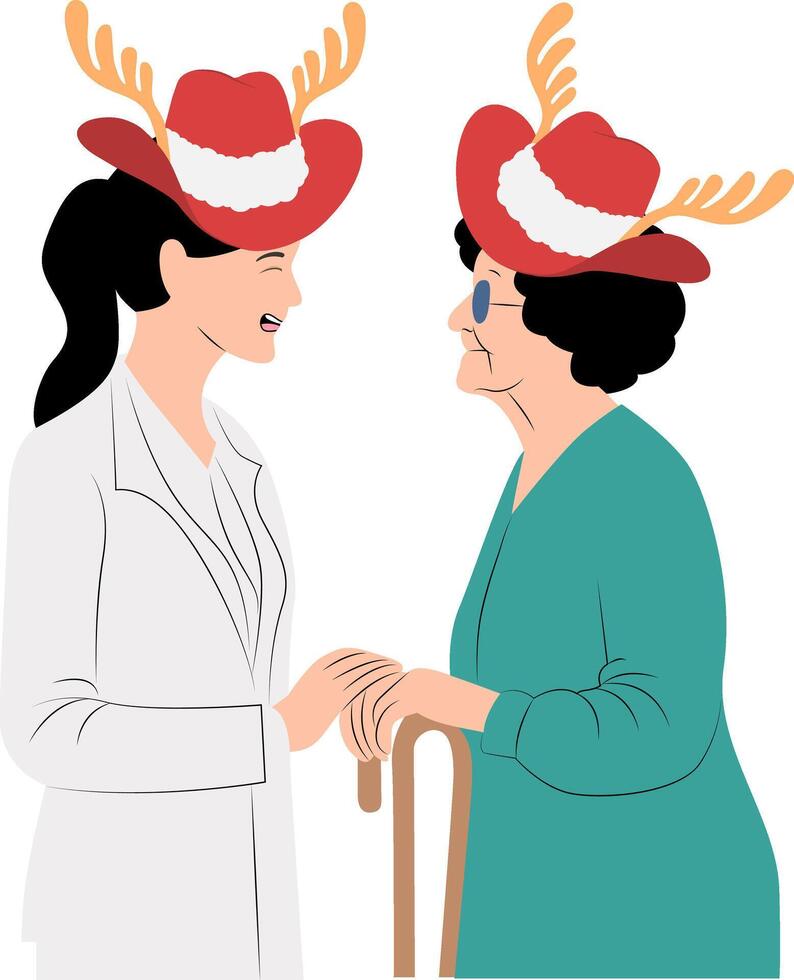 Two women in hats talking to each other vector