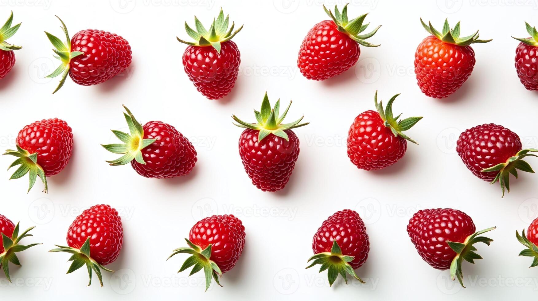 The image features an array of vibrant red raspberries, meticulously arranged in a symmetrical pattern against a pristine white background. photo